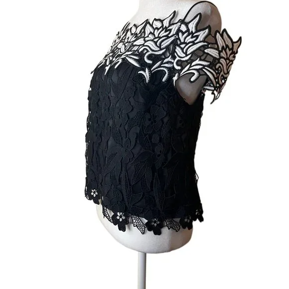 Topshop Black & White Floral Lace Cold Shoulder / Spaghetti straps Top Size 2 - Picture 9 of 14